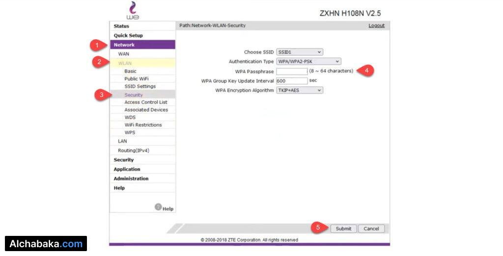 تغيير كلمة سر واي فاي راوتر WE ZXHN H108