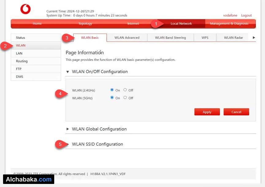 الدخول إلى إعدادات شبكة واي فاي راوتر Vodafone H188a