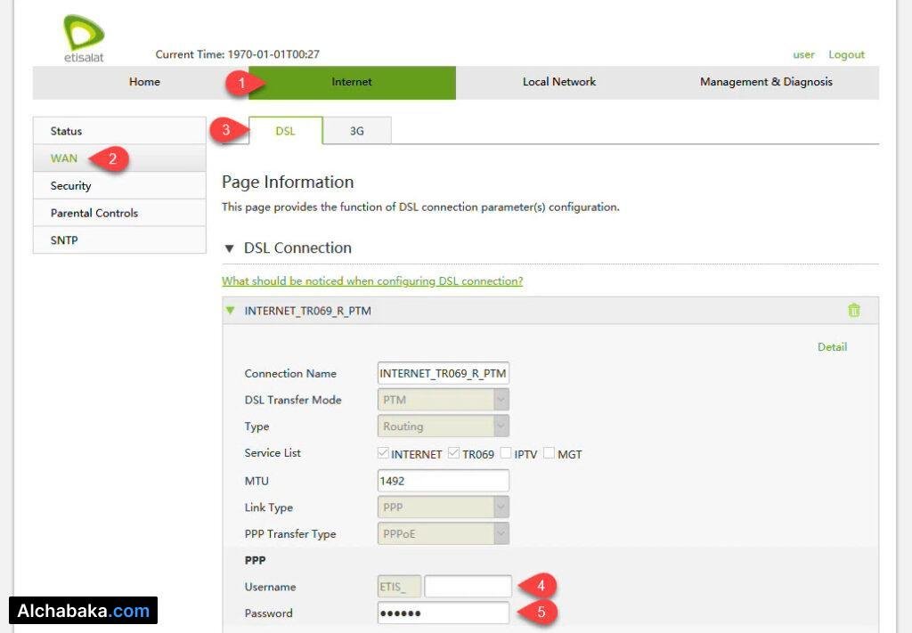 الدخول إلى إعدادات الانترنت راوتر Etisalat H168N