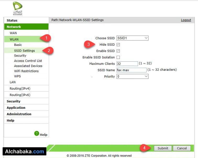 اخفاء شبكة الواي فاي راوتر Etisalat H108N