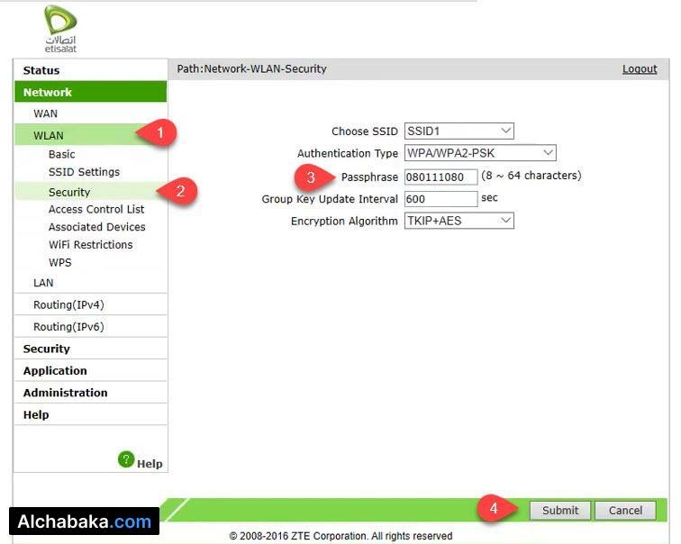 تغيير كلمة سر الواي فاي راوتر Etisalat H108N