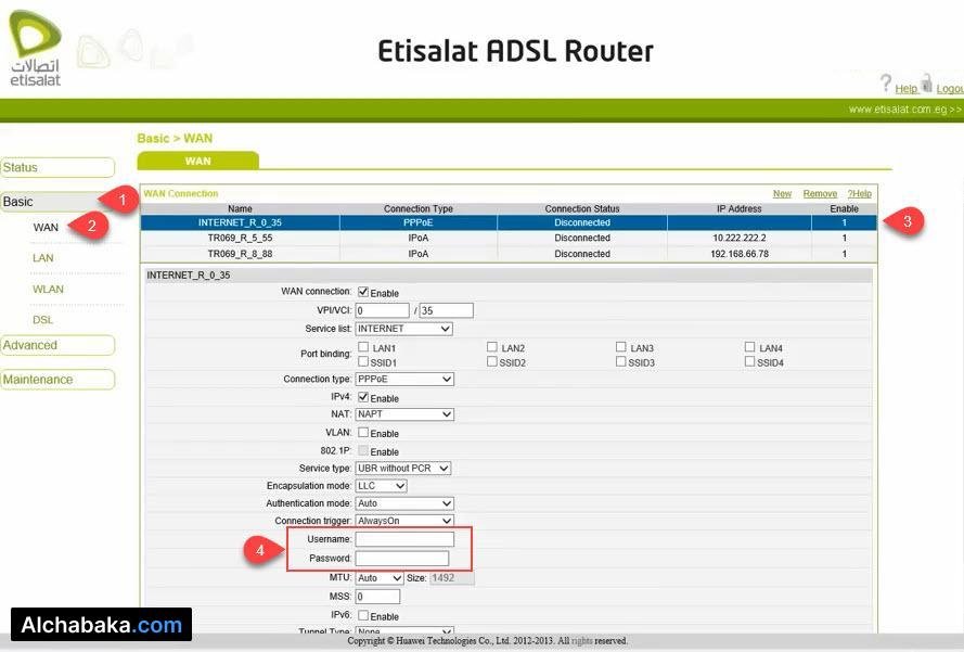 تشغيل الانترنت راوتر Etisalat hg532e
