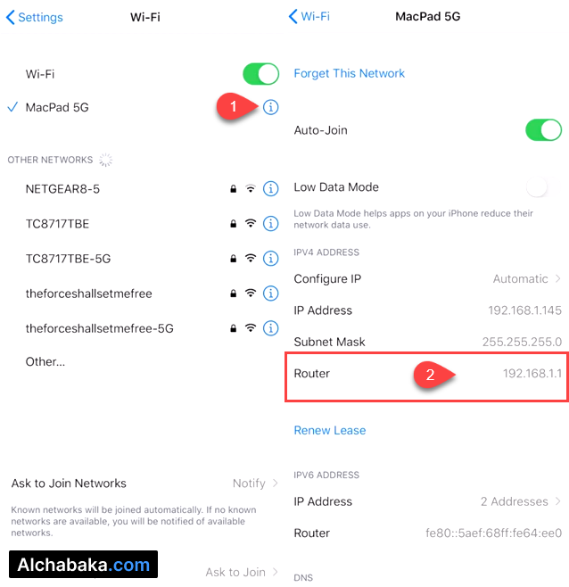 عنوان IP الراوتر على الهاتف على الأيفون.