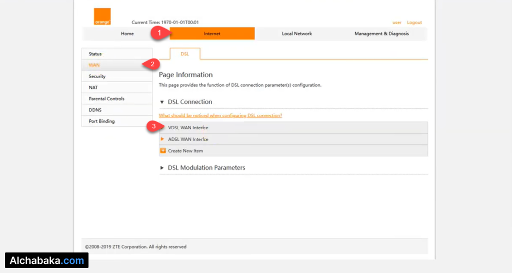 الدخول إلى إعدادات الانترنت راوتر Orange H168N