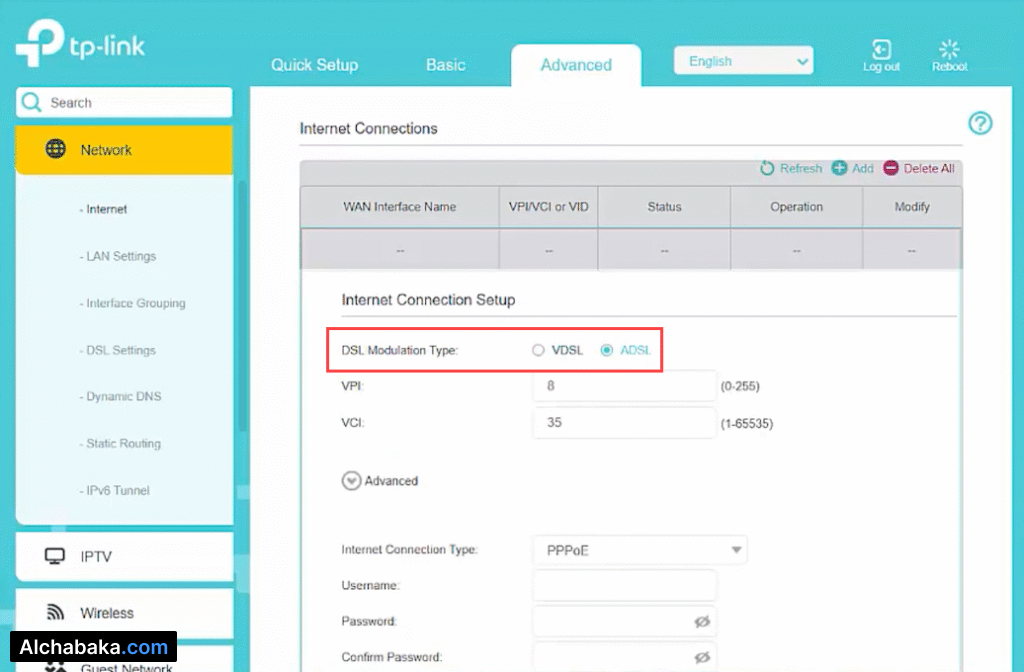 تحديد نوع اتصال الانترنت راوتر TP-Link TD-W9960