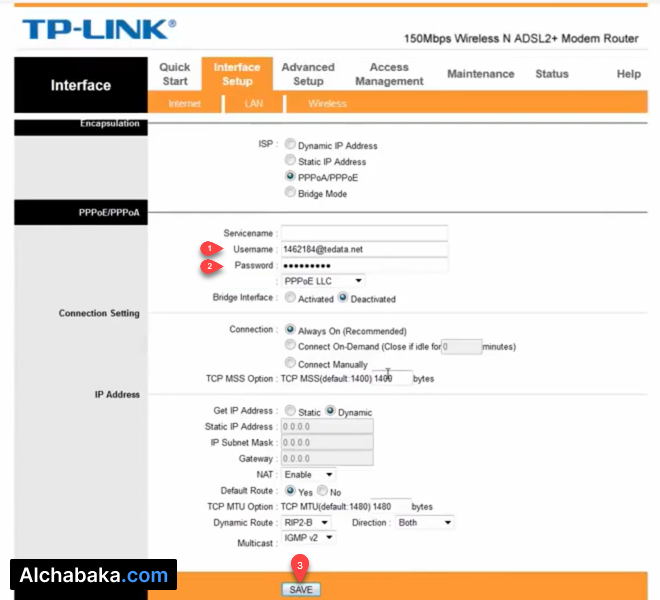 ادخال بيانات الاتصال بالانترنت يدويًا راوتر TD 8816