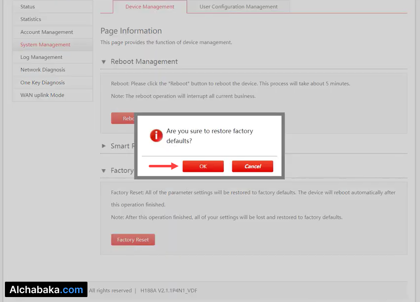 رسالة تحذيرية توضح فقدان كافة بيانات الراوتر.