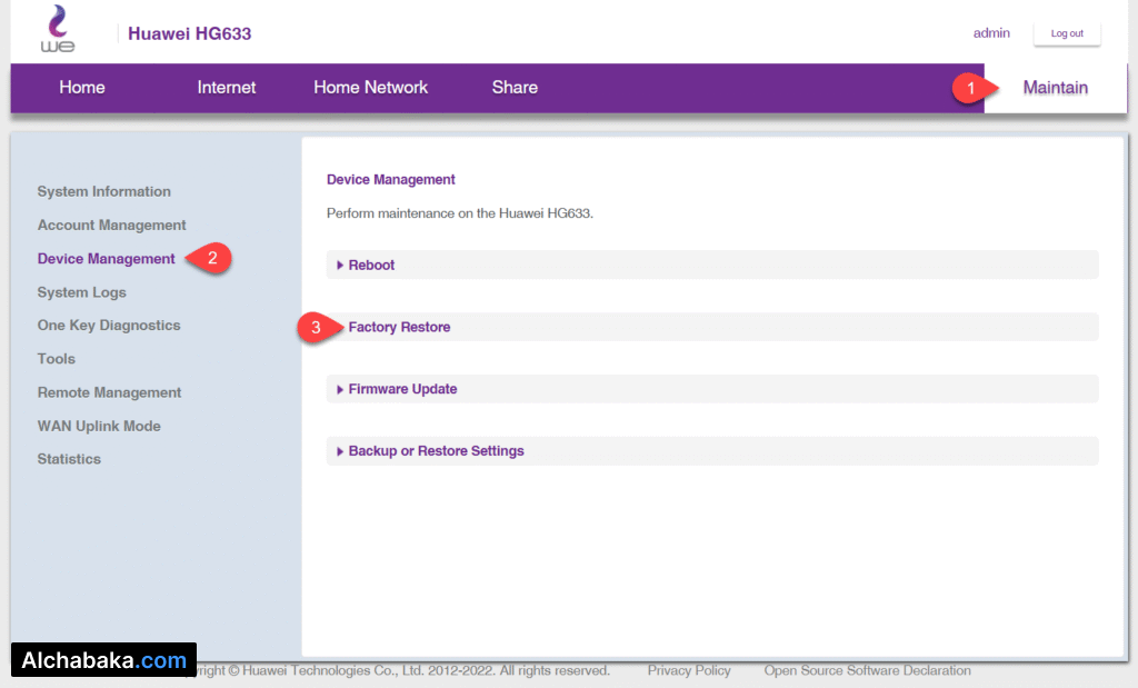 الدخول إلى إعدادات الصيانة راوتر WE