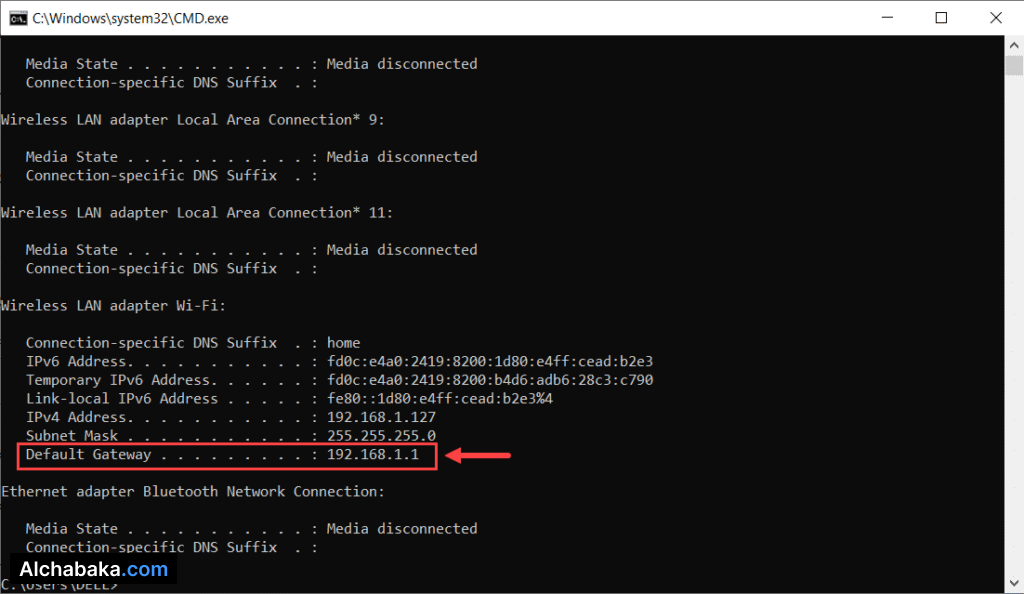 عنوان IP الراوتر الرئيسي على الكمبيوتر