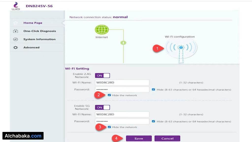 إخفاء شبكة الواي فاي راوتر وي DN8245V