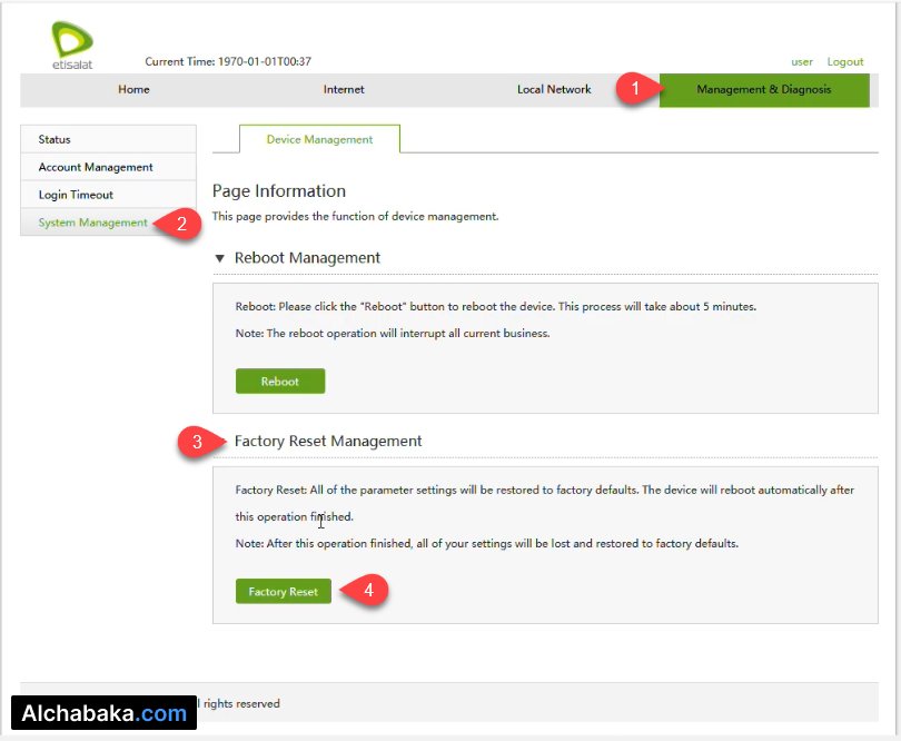 إعادة ضبط الراوتر إلى إعدادات المصنع راوتر Etisalat