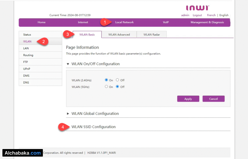 إعدادات شبكة الواي فاي راوتر Inwi