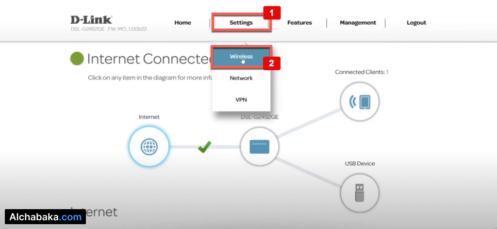 إضغط على Settings من القائمة العلوية ثم إختر Wireless