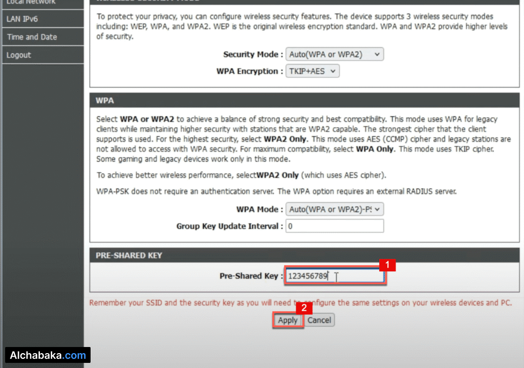 مرر إلى الأسفل حتى تصل إلى خانة Pre-Shared Key، وقم بإدخال كلمة السر الجديدة