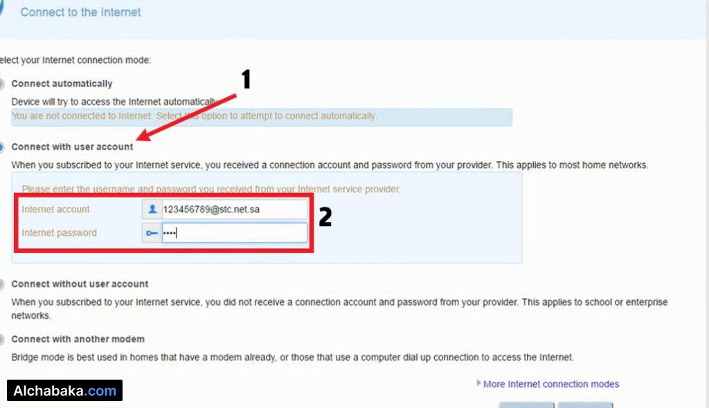 تقوم باختيار connect with user account ثم تقوم بوضع اسم المستخدم وكلمة السر 