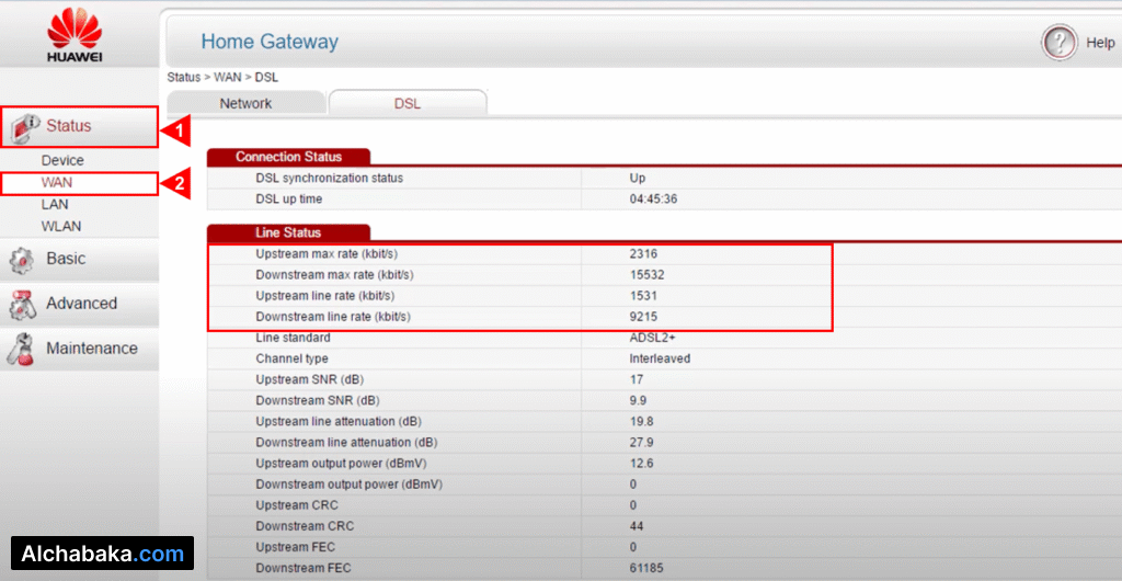 معرفة سرعة الانترنت من راوتر وي Huawei  HG532e